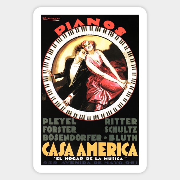 PIANOS CASA AMERICA 1930 by Achille Luciano Mauzan Vintage Poster Sticker by vintageposters